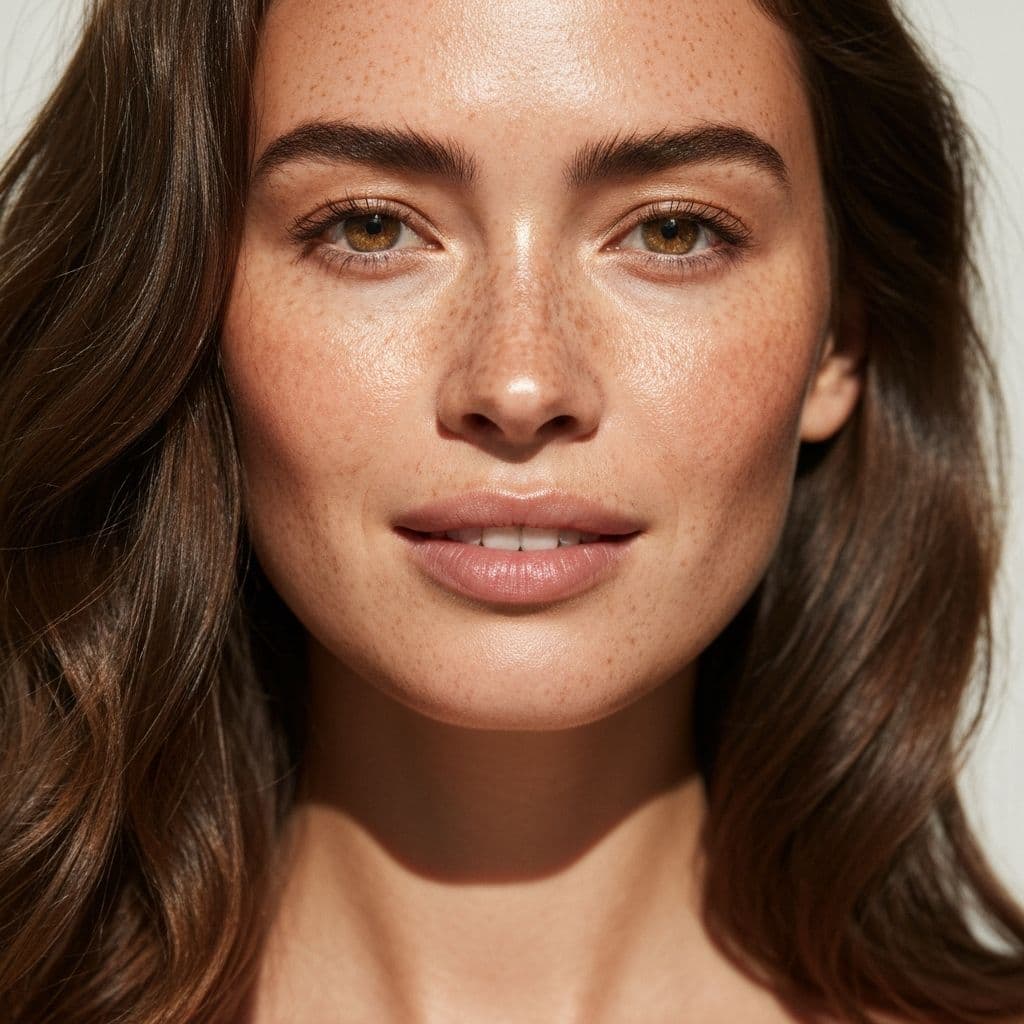 Close portrait of full, groomed brows and clear skin
