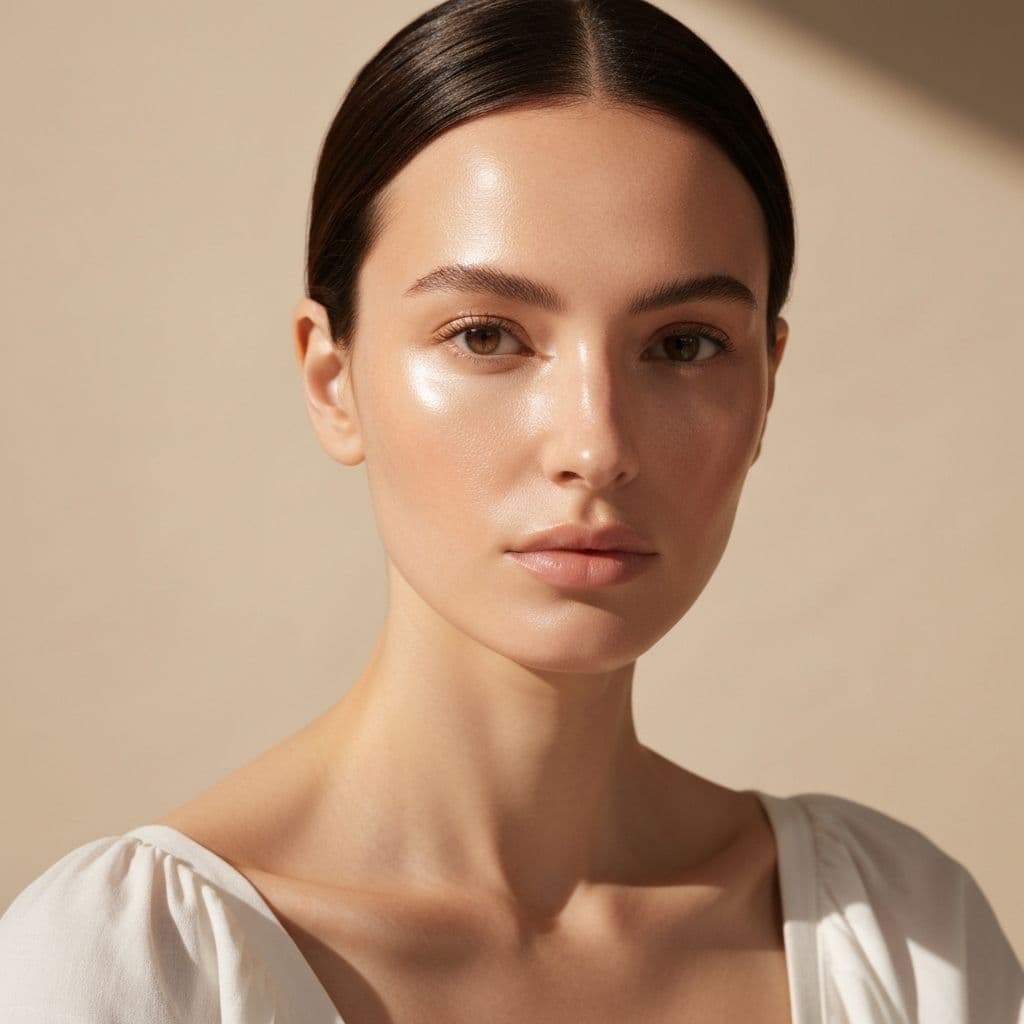 Close portrait showing softly defined lashes, groomed brows and glowing skin