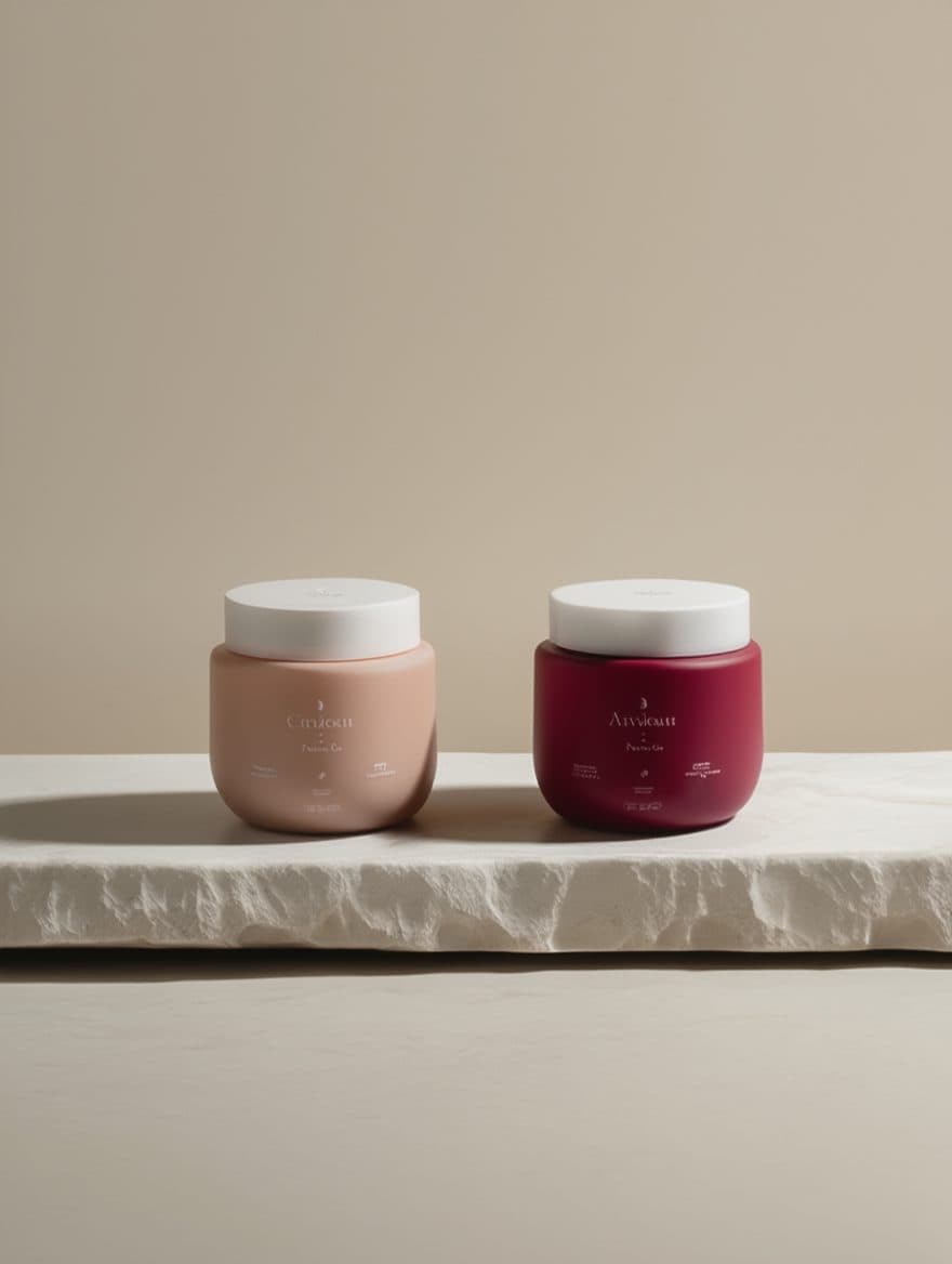 Neutral-toned cosmetic jars arranged on a pale surface